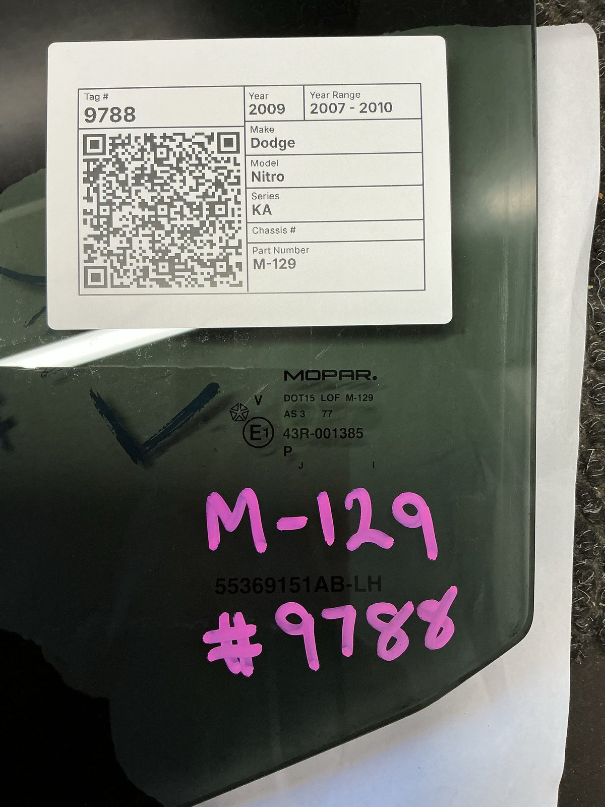2009 Dodge Nitro KA- Left Rear Door Glass- (TAG9788) PN: M-129