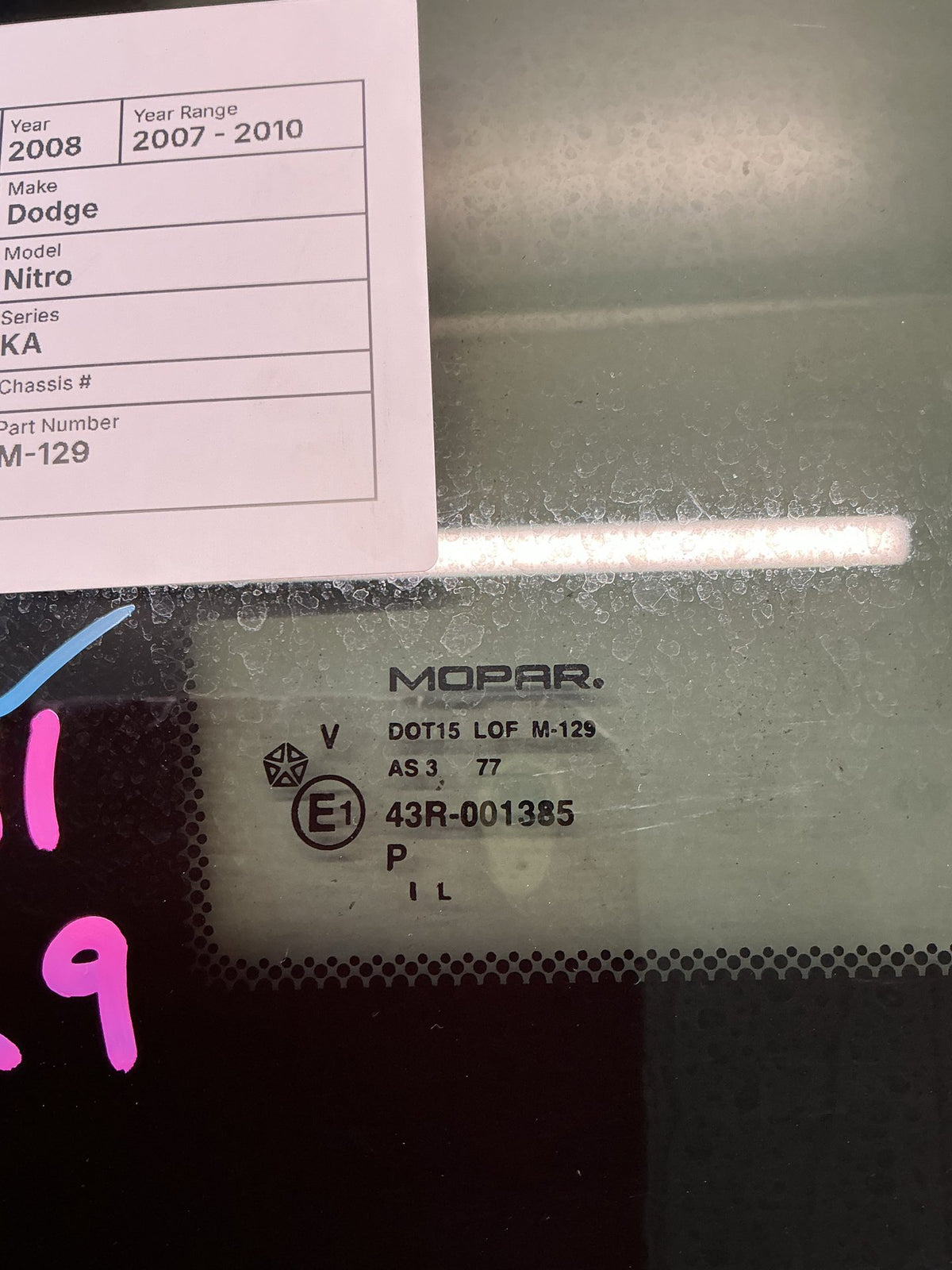 2008 Dodge Nitro KA- Left Rear Cargo Glass- (TAG9791) PN: M-129