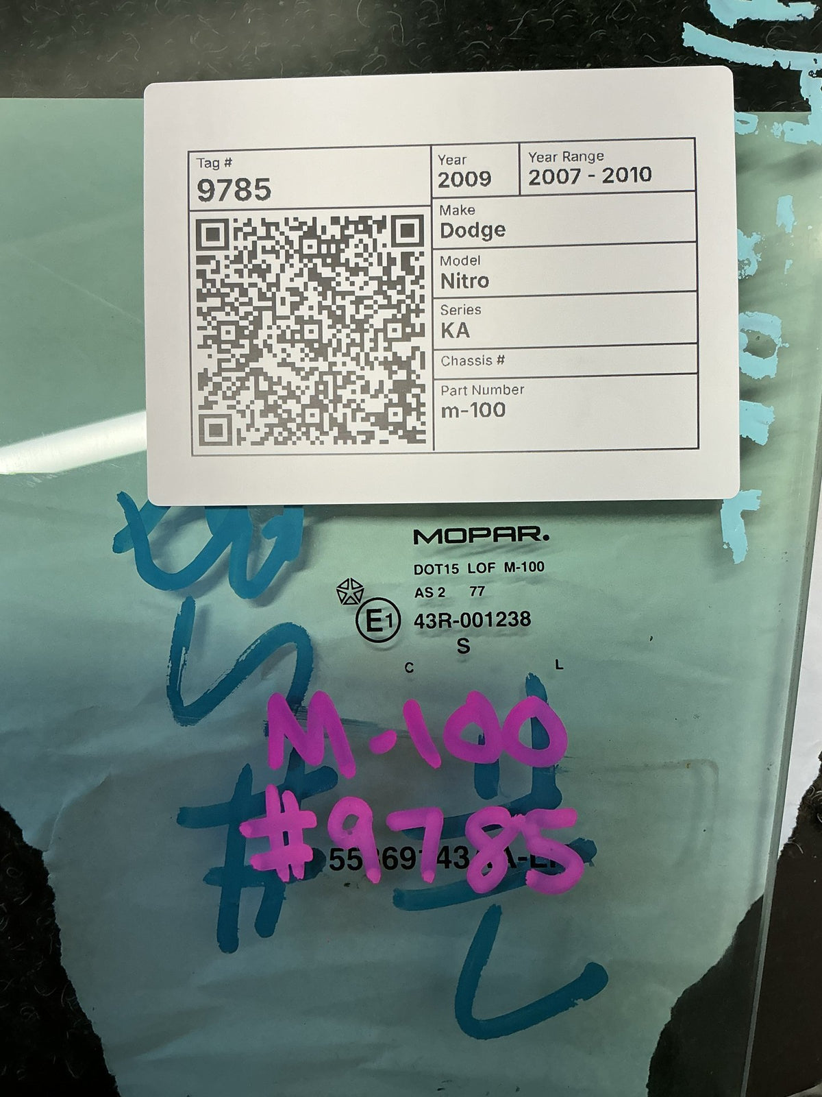 2009 Dodge Nitro KA- Left Front Door Glass- (TAG9785) PN: m-100